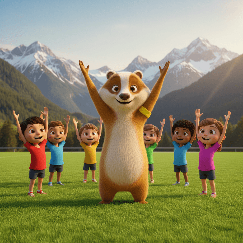 Maxel der Dachs zeigt in der Kreismitte eine Aufwärmübung vor, Kinder machen sie nach