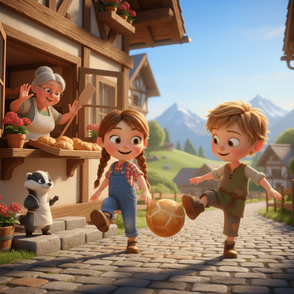 Zwei Kinder passen eine goldbraune Semmel wie einen Ball vor einer Dorf-Bäckerei